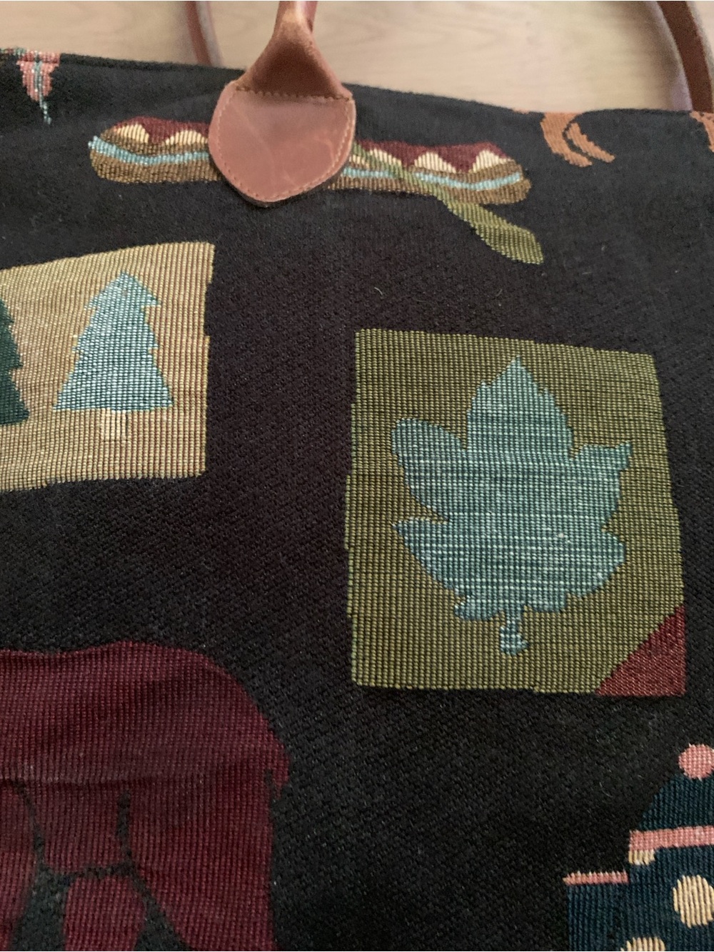 Vintage 90s Orvis Rustic Lodge Tapestry Tote Bag Moose Bear Leather Handles - Picture 15 of 16